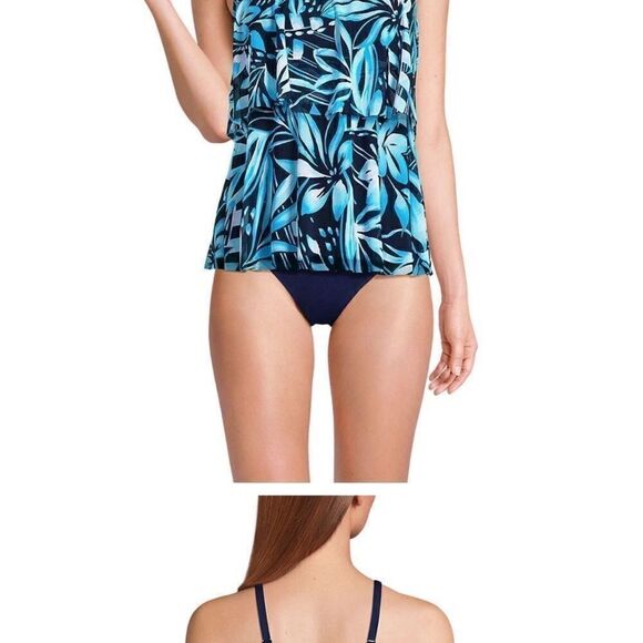 Land's End 1 Piece Bandeau high leg mesh Fauxkini Navy Graphic Floral Print Var - Picture 10 of 11